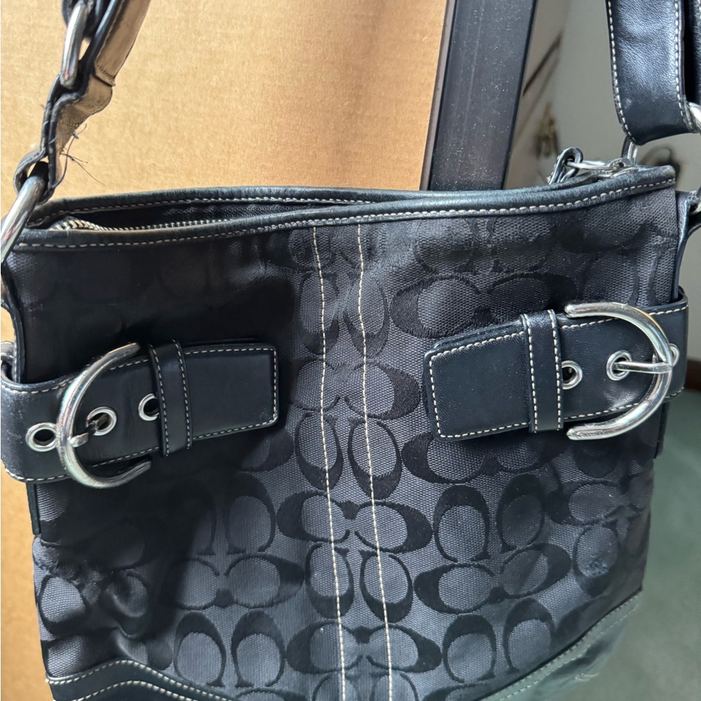 Coach Black Monogram Shoulder Bag with Leather Trim